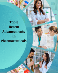 The image contains 5 pharmaceutical settings to represent Top 5 Recent Advancements in Pharmaceuticals
