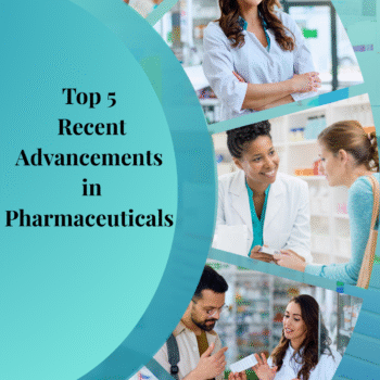 The image contains 5 pharmaceutical settings to represent Top 5 Recent Advancements in Pharmaceuticals