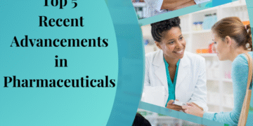 The image contains 5 pharmaceutical settings to represent Top 5 Recent Advancements in Pharmaceuticals